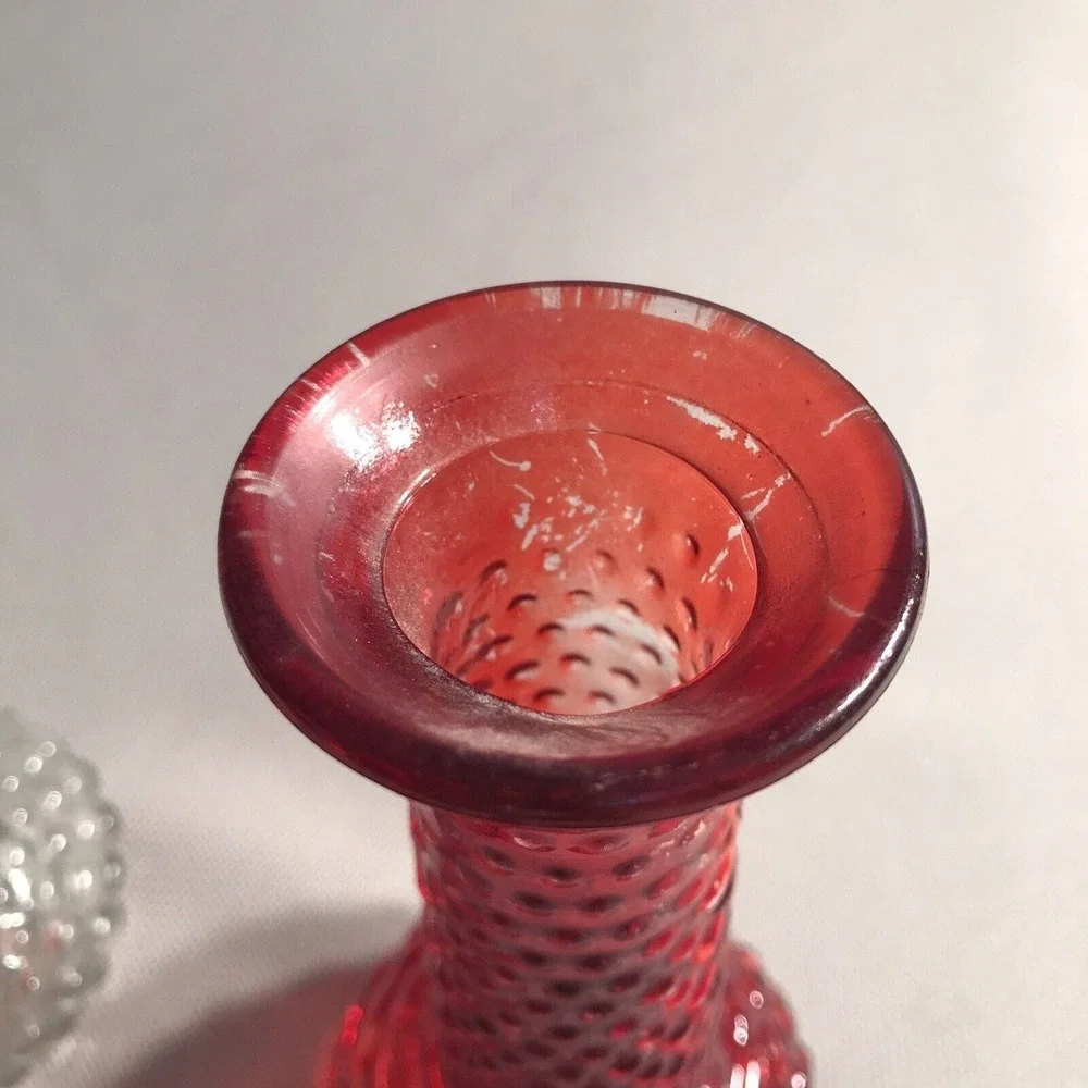 E O Brody Clear Red Hobnail Glass Bud Vase 7.75